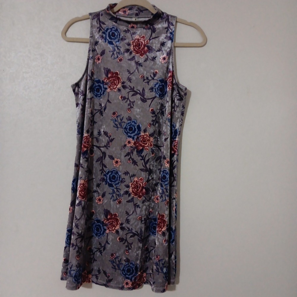 Mudd Mock Neck Velvet‎ Dress  Junior's Sz M GRAY w/ Multi-Color Floral ...